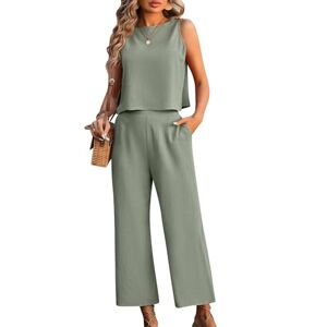 LCDIUDIU Womens 2 Piece Casual Outfits Women Crop Top Wide Leg Trousers, Beige Crew Neck Sleeveless Vest Back Buttons T-Shirt Straight Pants Summe Work Holiday Lounge Wear Co Ord Sets Green S