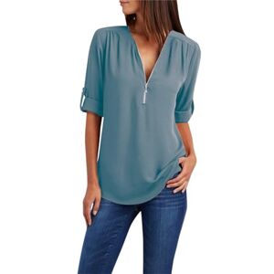 Generic Long Sleeve Tops for Women UK Summer Zipper V Neck Solid Colour Blouse Ladies Casual Loose Fit T Shirts Elegant Dressy Tunics Light Blue