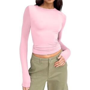 Clodeeu Women Y2k Cropped Tops Long Sleeve Plain Crewneck Slim Fit Blouse Basic T Shirts Casual Fall Tunic for Holiday Daily Travel Pink