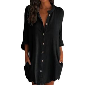 Iuyhau Women's Oversized Linen Shirts Plus Size Baggy Comfy Blouses Tops Half Sleeve Button Up Mid-Long Shirts V Neck Work Plain Tops Tunic Tee Mini Dress with Pockets Black