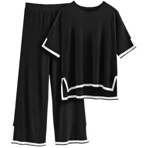 RITOSTA Knitted Co Ord Sets for Women's Tracksuit Set 2 Piece Outfits Trouser Suits Ladies Loungewear Sets Homewear Casual Short Sleeve Pullover Tops with High Waist Wide Leg Pants (Black,L)