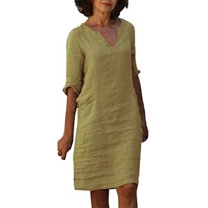 Generic Sommerkleid Damen Knielang Beach Dress Women's Airy V-Neck Dress Short Sleeve Cotton and Linen Dresses 20s Vintage Midi Dress Plain Casual Loose Summer Dresses