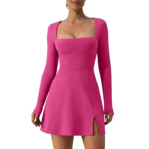 Qtinghua Women's Y2K Square Neck Bodycon Dress Long Sleeve Side Slit Flare Mini Dresses Party Club Streetwear (B Rose Red, S)