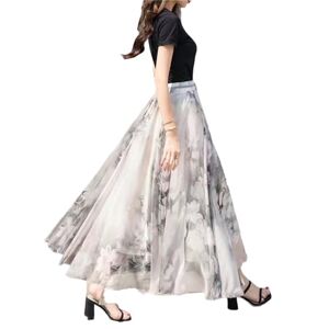 FXSMCXJ Long Skirt Style Ink Fragmented Vintage Chiffon Skirt Women Spring High Waist Mid Length Large Hem A-line Pleated Skirt-light Gray-m