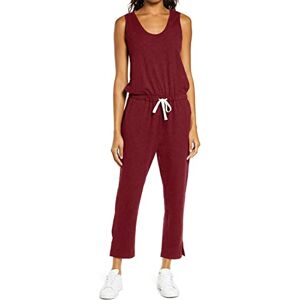 REORIA Women's Loose Sleeveless Crewneck Jumpsuit Elastic Waist Long Wide Pants Rompers Burgundy L