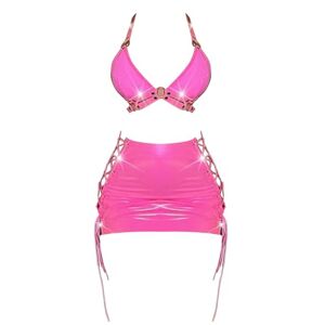 iiniim Women's Patent Leather Bra Crop Top with Lace Up Mini Skirts Bodycon Rave Party Outfits Pink S