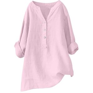 Generic Solid Colour Tops for Women UK Summer V Neck Long Sleeve Cotton Linen Button Down Shirts Ladies Casual Baggy Blouse Dressy Elegant Tunics Pink