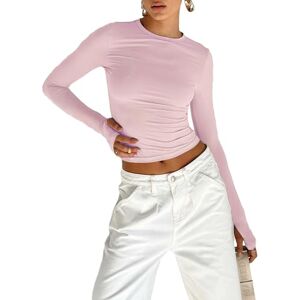 Yileegoo Women's Y2K Slim Fit Crop Tops Casual Solid Color Off Shoulder Crew Neck Long Sleeve Tight T-Shirt Basic Blouse Tee Tops (A2 Pink, S)