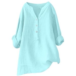 Generic Solid Colour Tops for Women UK Summer V Neck Long Sleeve Cotton Linen Button Down Shirts Ladies Casual Baggy Blouse Dressy Elegant Tunics Light Blue