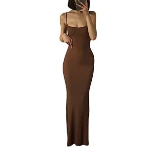 FeMereina Women Spaghetti Strap Sleeveless Bodycon Long Dress Solid Color Low Cut Cami Maxi Dress Club Elegant Beach Evening Night Dress (Brown#2, M)