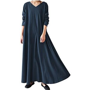 Generic Z-243 Navy Womens Long Sleeve Dresses Loose Fit Oversized Dresses for Ladies Vneck Brunch Muslim Plain Maxi Long Fall Summer Dresses 2024 Clothing HE 5XL