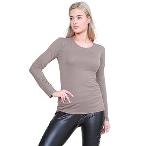 janisramone&#174; Women's T-Shirts - Stretchy Round Neck Tee Fitted Long Sleeve Tshirts Women UK - Ideal Going Out Tops & Summer Tops for Women UK Mocha