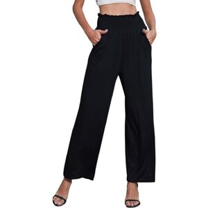 Joligiao Summer Casual Trousers for Women UK Solid Elastic Waist Trousers Loose Petite Wide Leg Lounge Pants Soft Cropped Palazzo Trousers with Pockets(Black,XXL)