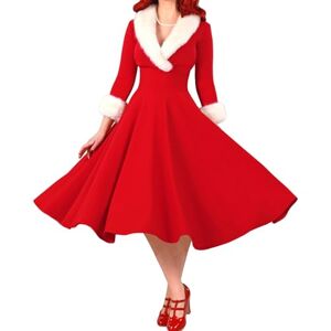 SHINROAD Vintage A-line Dress Elegant Midi Fall Winter Women Loose Hem Three Quarter Sleeve V Neck Faux Fur Thick Tight High Waist Slim Fit Princess Style Lace Red L