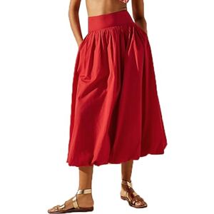 Acrawnni Women Y2k Bubble Maxi Skirt Low Elastic Waist Ruffle Pleated A-line Long Skirts Summer Beach Loose Fit Cute Puffball Balloon Skirt (A-Red, L)