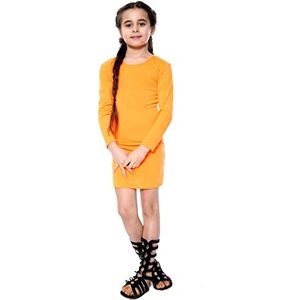 janisramone Girls Bodycon Dress Long Sleeve Plain Round Neck Casual Knee Length Stretchy Tunic Mini Top Neon Orange