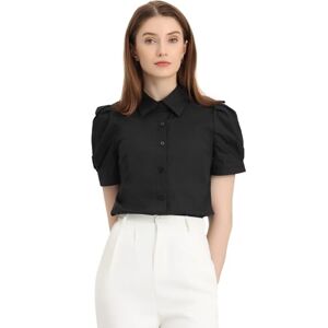Allegra K Women's Puff Short Sleeve Turn Down Collared Work Office Button Down Shirt Black XS