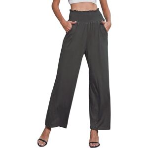 Joligiao Summer Casual Trousers for Women UK Solid Elastic Waist Trousers Loose Petite Wide Leg Lounge Pants Soft Cropped Palazzo Trousers with Pockets(Dark Grey,L)