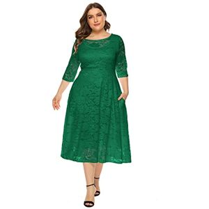 Plus Size Cocktail Dress for Women Vintage 3/4 Sleeve Floral Lace Wedding Guest Dresses Pleated High Waist A-Line Swing Dresses Formal Prom Gown Boho Lace Summer Midi Dresses with Pockets Green XXL