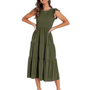GRECERELLE Womens Summer Maxi Dress - Casual Midi Smocked Ruffle Sleeve Elastic Waist Crew Neck Tiered Cocktail Long Dresses for Ladies (Army Green, M)