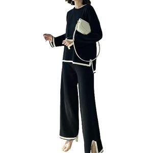 Koitniecer Women's 2 Piece Outfits Casual Wide Leg Pants and Knit Sweater Set Summer Fall Streetwear Lounge Set (Long Sleeve-Black, M)