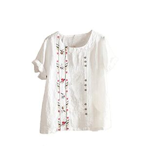 Ladies Shirt Blouses For Women Uk Women Linen T Shirt UK Clearance Plus Size Short Sleeve Tunic Tops Floral Print Casual Oversized Blouse Elegant Loose Fit Embroidery Tee Shirts Longline Swing Top White