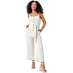 Roman Petite Sleeveless Linen Blend Jumpsuit for Women UK - Ladies Spring Everyday Summer Holiday Bandeau Neckline Comfy Strappy Soft Button Detail Playsuits - Natural - Size 12