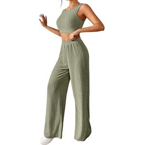 NSOT Womens Long Sleeve Crewneck Summer Spring Women's Vacation Fashion Casual Suit Solid Color Wide Leg Pants And Sleeveless Tops Two Piece Sets