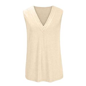 Generic Cropped Tops for Women Sleeveless Tank Tops 2024 Women's Tank Top Summer Deep V Neck Sleeveless Shirt Loose Fit Plus Size Workout Top (Beige, L)