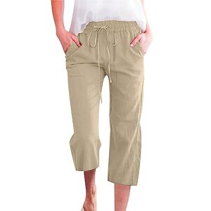 HOOUDO Womens Linen Cropped Trousers Ladies Summer Capri Shorts Elasticated Waist Drawstring Hot Pants with Pockets Loose Casual Beach Lounge Pants 3/4 Length Straight Leg Jogger Khaki