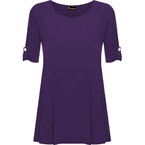 New Womens Scoop Neck Button Flared Swing Ladies Long Short Sleeve Plain Top Sizes 14-28 Plus Size Purple