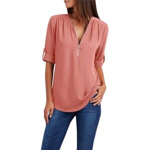 Generic Long Sleeve Tops for Women UK Summer Zipper V Neck Solid Colour Blouse Ladies Casual Loose Fit T Shirts Elegant Dressy Tunics Rose Gold