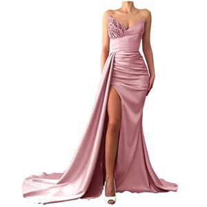 Sequin Beaded Mermaid Prom Dresses Long Satin Slit Formal Evening Party Gown Dusty Rose UK22