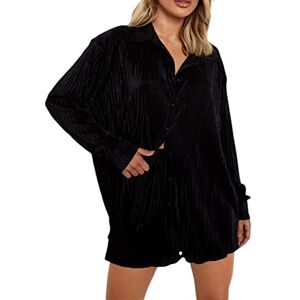 Betrodi Women Two Piece Casual Tracksuit Outfits Long Sleeve Shirt Blouse Top Loose High Waisted Pocket Shorts Set (E Pleated Black, XL)