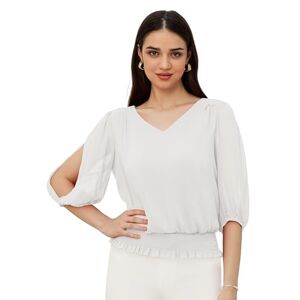 GRACE KARIN Womens Formal Chiffon Tops V Neck 3/4 Split Sleeves Office Shirt Blouse Tops for Summer White L
