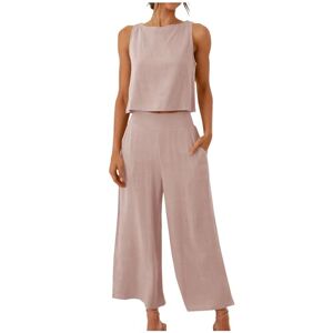 Today Big Promotion 2 Piece Outfits for Women Sleeveless Blouses Jumpsuits for Women Linen Sets for Women 2 Piece Wide Leg Pants with Pocket for Women Round Neck Crop Basic Top Women's Linen Trouser Suits UK Size Sale
