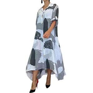 LANG XU GLASS Summer Women's Half Sleeve Shirt Dress Casual Print Single Breasted Shirt Collar Irregular Dress Long Dress Sky Blue M