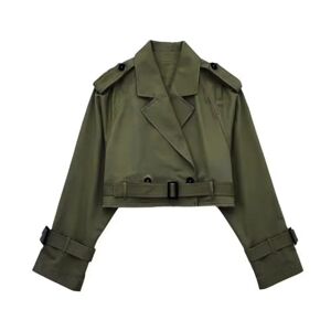 LCDIUDIU Women'S Double Breasted Cropped Trench Coat, Brown Notched Lapels Long Sleeves Windproof Lightweight Blazer Jackets Casual Stylish Belted Short Windbreaker Outerwear, Armygreen, L