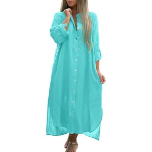 YEJSERE Women Cotton Linen Long Shirt Casual Cardigan Dress Long Sleeve Fashion Long Dresses for Women, Bright blue, XXXXXL