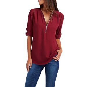 Generic Long Sleeve Tops for Women UK Summer Zipper V Neck Solid Colour Blouse Ladies Casual Loose Fit T Shirts Elegant Dressy Tunics Wine