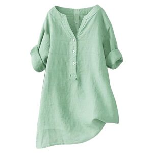Clodeeu Ladies Henley Neck Shirts Summer Half Sleeve Cotton Linen Button Tops Solid Color Casual Going Out Blouse Baggy Classic Tees Mint Green