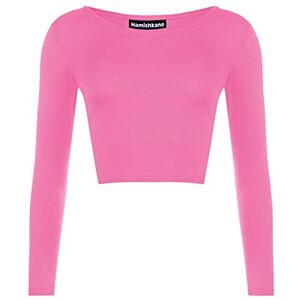 Hamishkane Ladies Plain Round Neck Long Sleeve Crop Top Casual Basic Summer T-Shirt Neon Pink