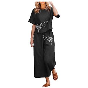 Cheap!On Sale! Limited Time Discount!! Cunhuan Women's Trouser Suits 2 Piece Ladies Cotton Short Sleeve Printed Blouse Loose Cropped Pants Two Piece Suit Pant Suits Formal Tops for Women Evening Weddings (Black, XXXL)