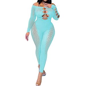 Femereina Women's Mesh See Though Jumpsuit Off-shoulder Low Cut Front Hollow Out Sheer Skinny Playsuit Long Sleeve One Piece Club Bodysuit (Sky Blue, M)