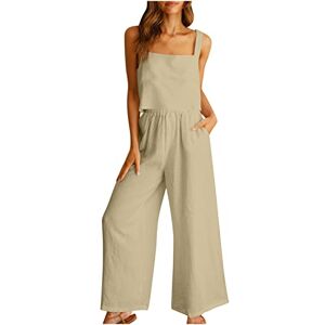 PRiME AMhomely Womens Two Piece Outfits Casual Suit Linen Shorts Sleeveless Cami Vest Top Crewneck T-Shirt and Wide Leg Pants Soft Comfy Tracksuit Trouser Suits Ladies Beach Lounge Wear Suits Khaki 5