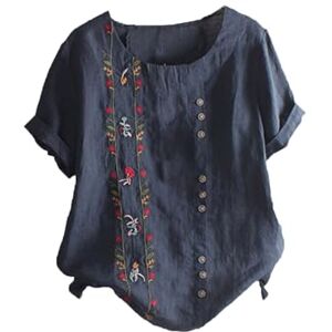 Linen Blouses For Women Uk Women Linen T Shirt UK Clearance Plus Size Short Sleeve Tunic Tops Floral Print Casual Oversized Blouse Elegant Loose Fit Embroidery Tee Shirts Longline Swing Top Navy