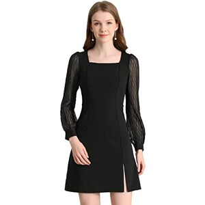 Allegra K Women's Casual Square Neck Split Side A-Line Semi-Sheer Puff Long Sleeve Mini Dress Black 12