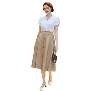 Ladies Elasticated Waist A-Line Skirt High Waist Buttons Decorated Skirt Front Slit Swing Skirt Vintage A-Line Skirt Midi Skirt Khaki L BP0945S24-04