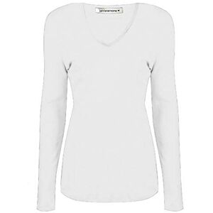 janisramone Womens Ladies V Neck Long Sleeve T-Shirt Stretchy Plain Jersey Slim Fit Casual Basic Tee Tops White