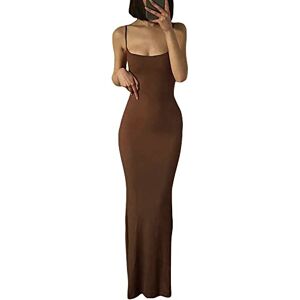 Yoisdtxc Women's Spaghetti Strap Stretch Maxi Skirt Low Cut Solid Color Dress Classic Sleeveless Backless Bodycon Maxi Dress (A-Brown 1, M)